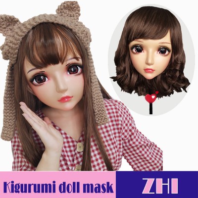 (Zhi)Crossdress Sweet Girl Resin Half Head Female Kigurumi Mask With BJD Eyes Cosplay Anime Doll Mask